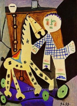 Claude a deux ans avec son cheval a roulettes 1949 Cubism Oil Paintings